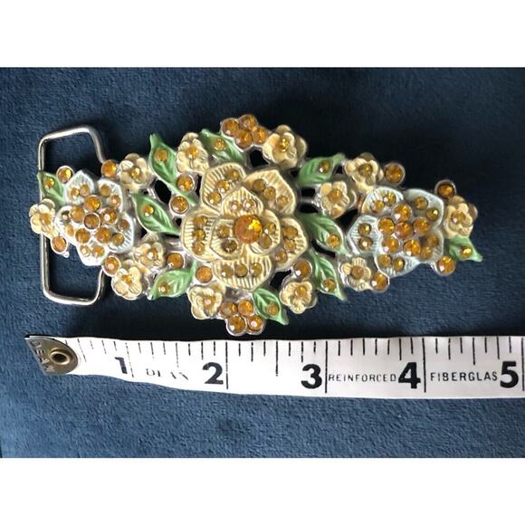 Vintage Floral Belt Buckle Enamel and Golden Rhinestones Silver Back Ornate - Picture 8 of 11